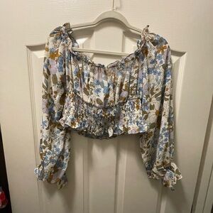 Altar'd State Floral Smocked Cropped Blouse - Blue, Brown, White